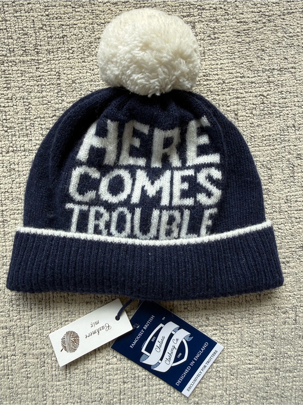 Navy Pom Pom Beanie - "Here Comes Trouble" Trotters London Cotton/Cashmere